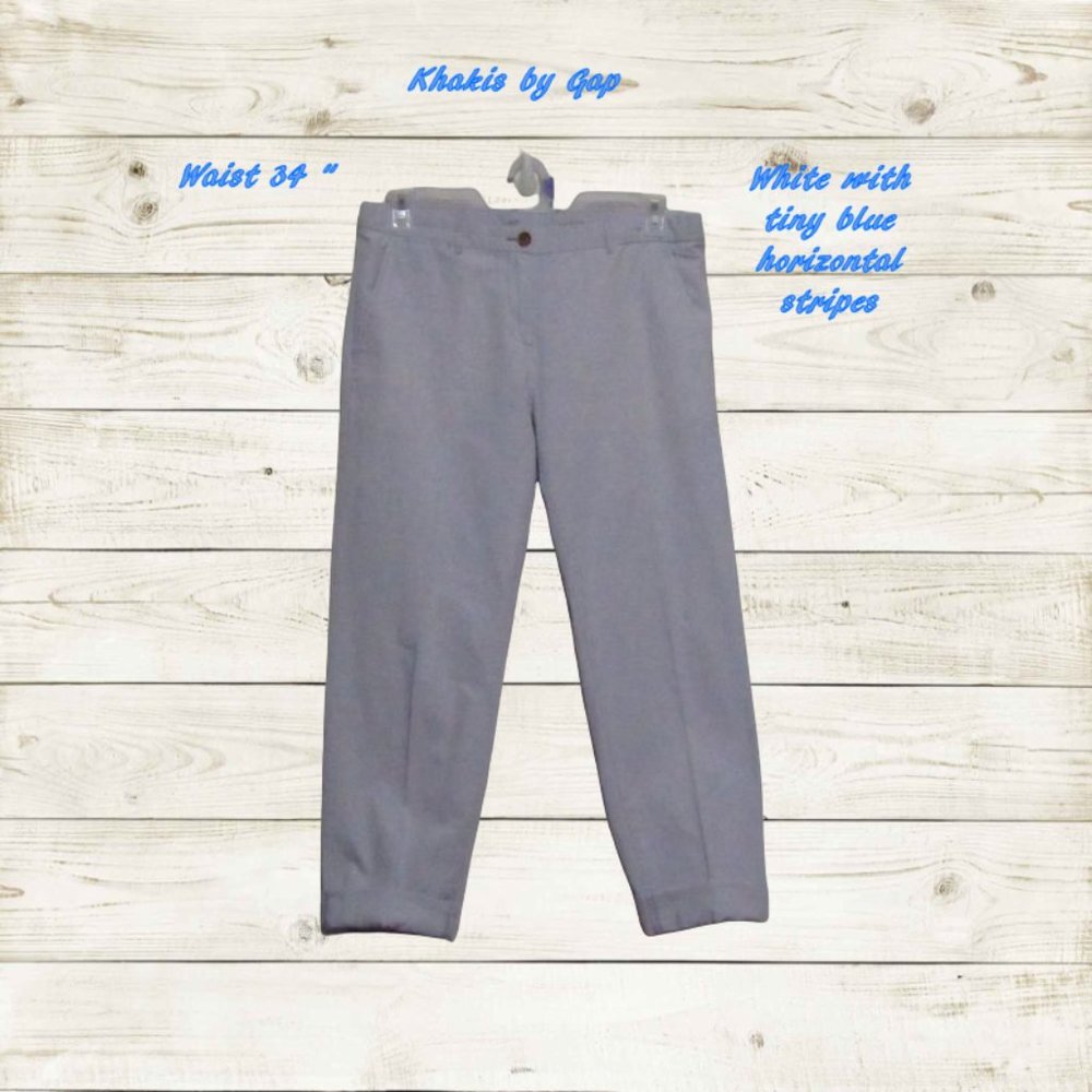Kahkis by Gap Womens pant 34 waist white with tiny blue stripes cuffed leg